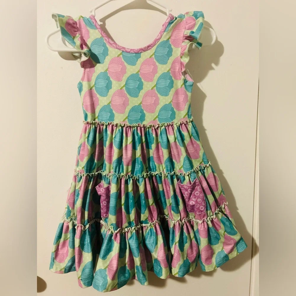 Pete + Lucy Bloomin Blossoms Colorful Kids Dress with Ruffle Sleeves, Size 5.